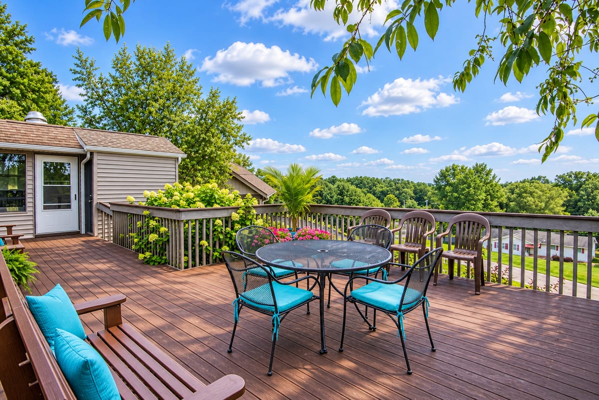 Guest deck with tables, cushioned chairs and a view over the trees